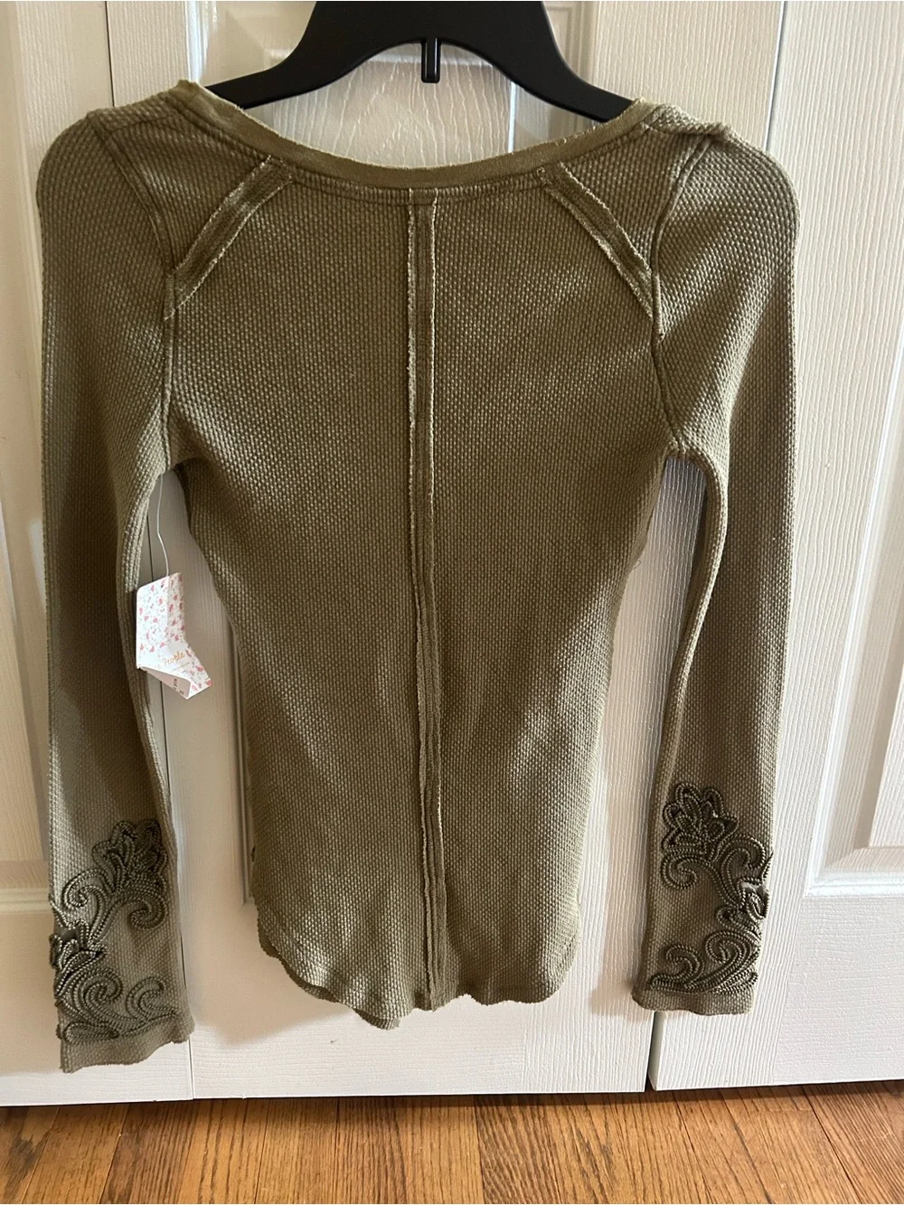 Free People Olive Green Waffle Knit Long Sleeve with Embroidered Cuffs